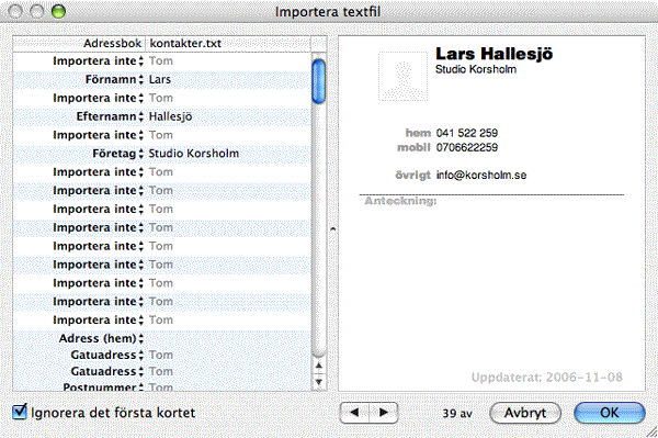 Adressbok import av kontakter parning av f&auml;ltnamn