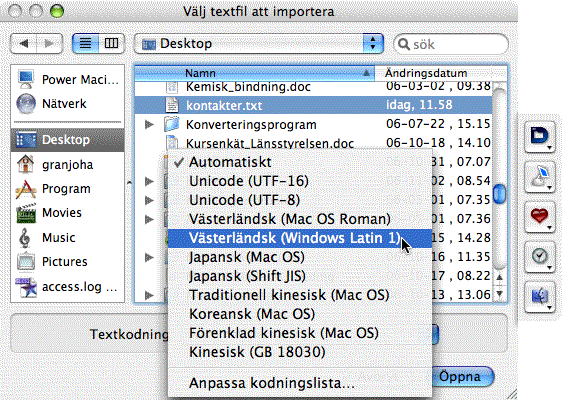 Adressbok import av kontakter val av textkodning