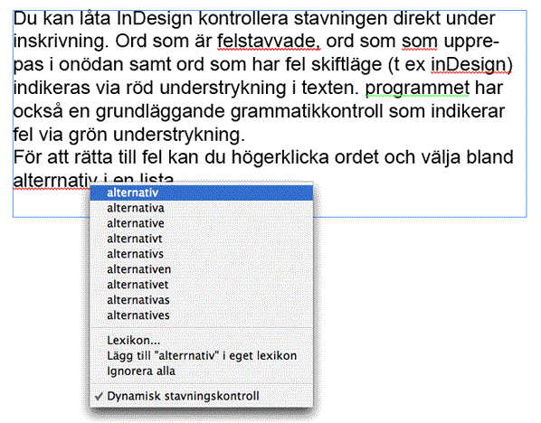 InDesign CS2 dynamisk stavningskontroll