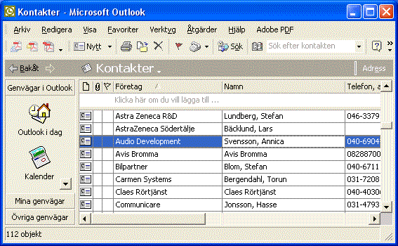 Outlook resultat av importerade vCards fr&aring;n Adressbok
