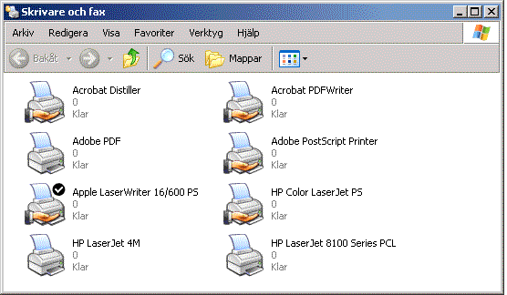 Symboler f&ouml;r olika skrivardrivrutiner i Windows