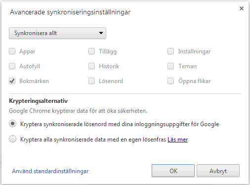 Chrome synkroniseringsinst&auml;llningar