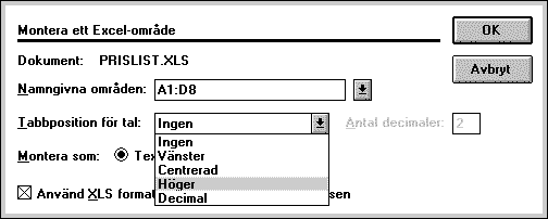 PageMaker montera tabell fr&aring;n Excel