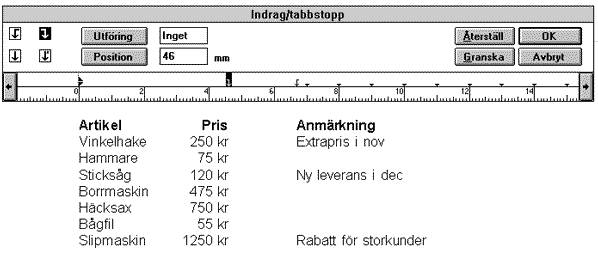 PageMaker tabell med tabulatorer
