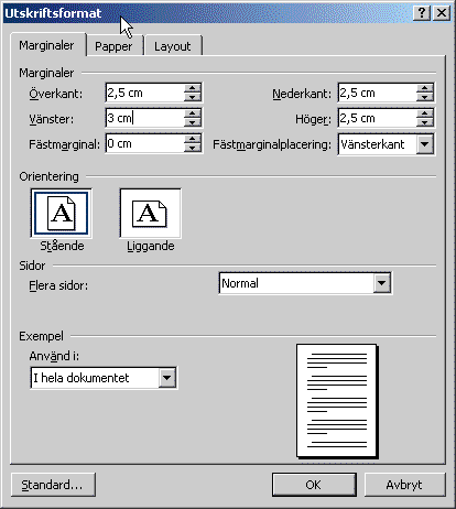 Dialogrutan Utskriftsformat i Word
